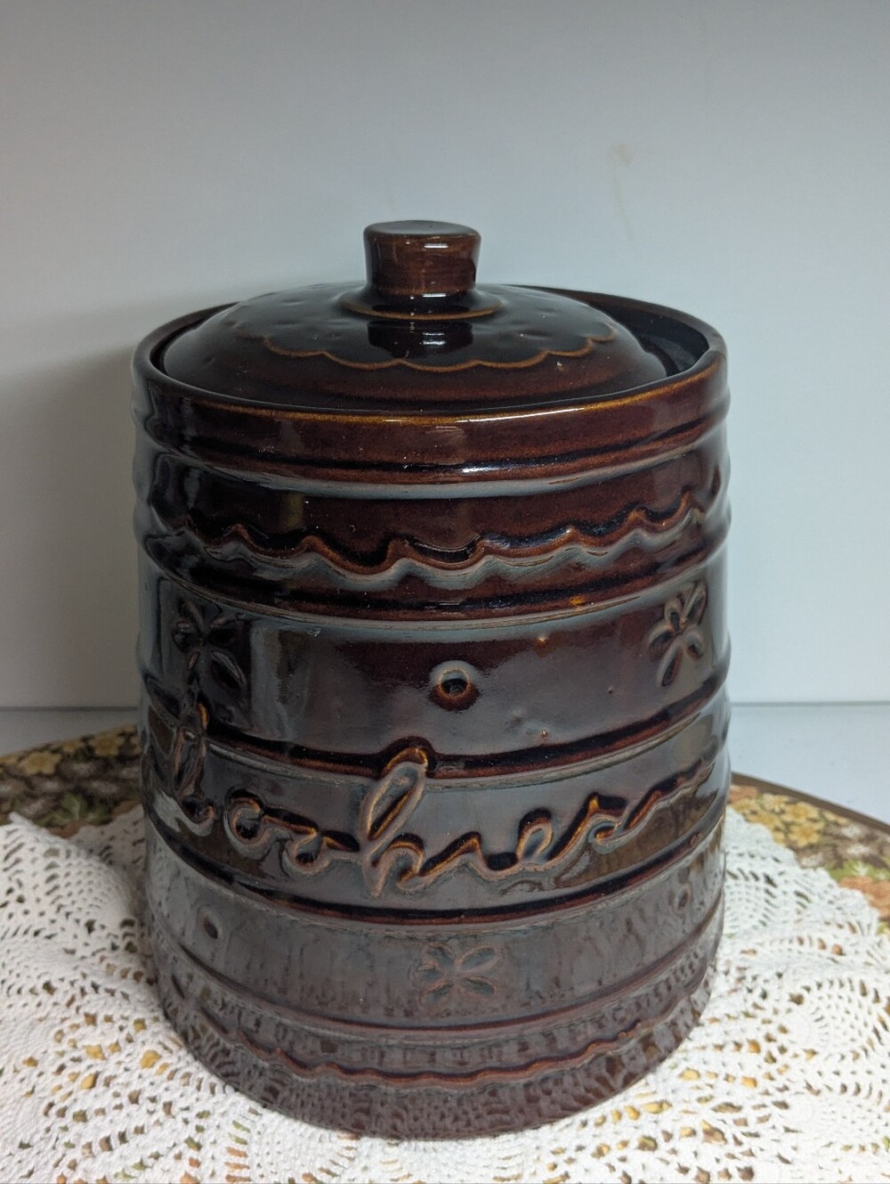 Vintage 1950s Marcrest Cookie Jar Daisy and Dot Brown Glaze Stoneware